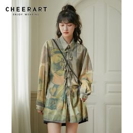 Renaissance Print Long Shirt Women Sleeve Blouse Tie Vintage Top Loose Button Up Collar Fashion Designer 210427