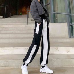 Black White Patchwork Drawstring Baggy High Waisted Y2k Jeans Wide Trousers Denim Pants Joggers Women Streetwear 210510