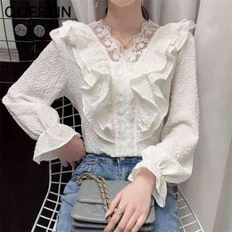 XL Embroidered Lace Blouse Ruffle Flared Sleeve Shirt Female Spring Elegant Loose Casual V Neck Plus Size 210601