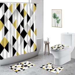 Shower Curtains Black Yellow White Geometric Ethnic Style Bathroom Decoration Curtain Set Non-Slip Bath Mat Toilet Cover Carpet