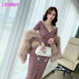 LDYRWQY Autumn and winter French knitted waist nuns show thin temperament through the yarn stitching dress Zippers 210416
