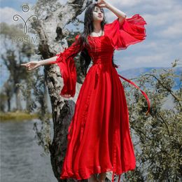 YOSIMI Summer Dress Maxi Elegant White Chiffon Long Women Party O-neck Red Butterfly Full Sleeve Female Vestido 210604