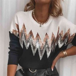 Fashion Printing Patchwork Sequin Autumn Women Blouse Shirts Elegant O Neck Office Lady Top Spring Long Sleeve Slim Pullover 210917