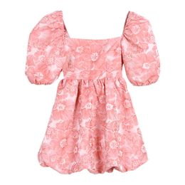 Summer Women Elegant Sweet Pink White Jacquard Backless Puff Sleeve Square Collar Ball Gown Short Dress D3042 210514