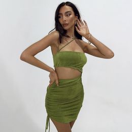 Halter A-Line Dress for Women's summer fashion sexy side hollow drawstring suspender dress mini party club dress 210514