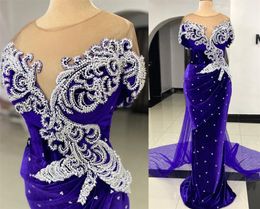 Aso Ebi 2021 Arabic Plus Size Royal Blue Luxurious Evening Dresses Beaded Sheer Neck Velvet Prom Formal Party Second Reception Gowns ZJ306