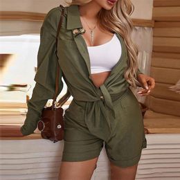 Women's Tracksuits Army Green Casual Simple Shorts Set Women Long Sleeve Shirts 2021 Autumn Solid Turn-down Collar Single Breasted Sets Lady