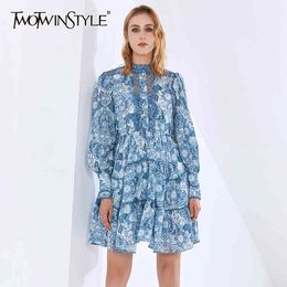 TWOTWINSTYLE Hollow Out Vintage Women Dress Stand Collar Long Sleeve Printed High Waist Dresses Female Fashion Clothing 210517
