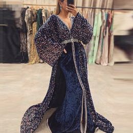 Moroccan Caftan Sequin Evening Dress Long Sleeves Velvet Beaded V-Neck Navy Blue Dubai Arabic Muslim Mermaid Formal Prom Gowns