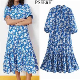 Dress Blue Floral Print Long es Women Casual Ruffle Short Puff Sleeve Summer es Woman Cottagecore 210519