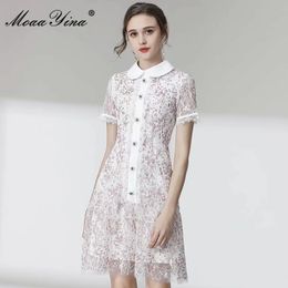 Fashion Designer dress Summer Women's Dress Short sleeve lily Buttons Lace Embroidery Slim Elegant Dresses 210524