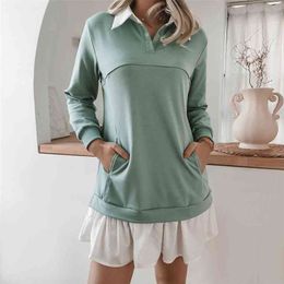 Autumn Ruffles Straight Dress Winter Color Matching Pocket Button Sweatshirt Long-Sleeved casual dresses for women 210508