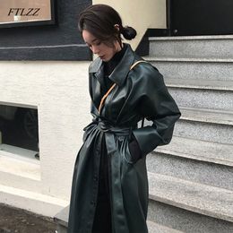 Cool PU Leather Long Jacket Spring Women Loose Belt Faux Windbreaker Trench Coat Slim 210423