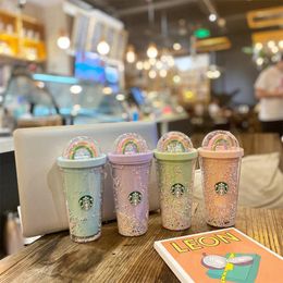 -450ml Cartoon Cute Starbucks Rainbow Tazas Copa de tazas con paja doble plástico Bpa Free Girl Bottle For Juice Milk Coffee Dhl FY5223