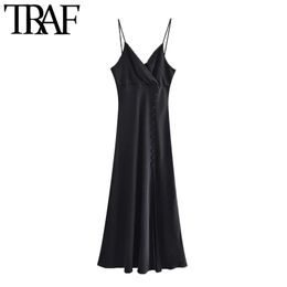 Women Chic Fashion With Buttons Front Slit Midi Camisole Dress Vintage Backless Thin Straps Female Dresses Mujer 210507
