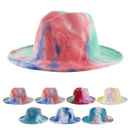 DHL Tie-dye Fedora Hats Woolen Wide Brim Cap Warmth Foldable Men Silk Hat Women Jazz Caps Fashion Autumn Winter Style