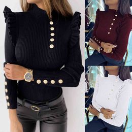 Elegant Women Solid Sweater Autumn Winter O-Neck Long Sleeve Button Ruffles Decor Warm Slim Pullover Lady Bottoming Knitted Tops 210412