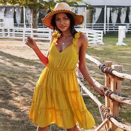 Ladies Spaghetti Strap Summer Dress Women Sleeveless V Neck Rufflse Sexy Women Dress Blackless Beach Mini Dress Female Vestidos 210416