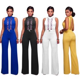 Women's Sexy Blackless Jumpsuit Autumn Fashionable Ladies Long Suit Casual Loose Front Back Mesh Chic Sleeveless Jumpsuits 210422