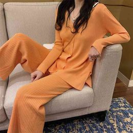 Knitted Two Piece Set Spring Autumn Elegant Women V Neck Korean Suits Ladies Single Breasted Sweaters+Wide Leg Pants Loose Sets 210510