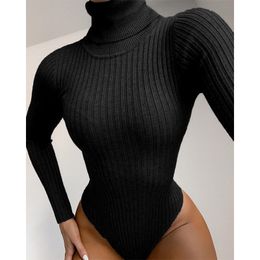 Ribbed Knit Sexy Female Bodysuit Women Top New Autumn Winter Warm Turtleneck Long Sleeve Sheath Casaul Body Woman Rompers 210415