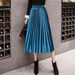 Autumn Winter Velvet Skirt High Waisted Skinny Large Swing Long Pleated Skirts Metallic Plus Size Saia 210412