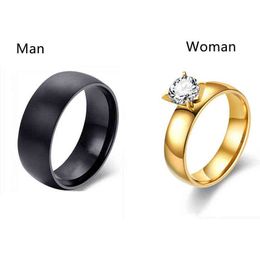Charm Couple Rings Gold Romantic Rhinestones Female Rings Set Simple Wide Stainless Steel Men Black Ring Wedding Band Jewellery G1125
