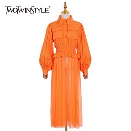 Casual Patchwork Perspective Dress For Women Lapel Lantern Long Sleeve High Waist Elegant Dresses Female Fashion 210520