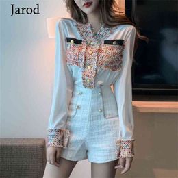 Spring Women 2 Piece Set Sexy V-Neck Tweed Hit Color Patchwork Blouse Tops And White Short Pants Suit 210519