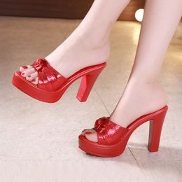 Plus Size 32-43 Block Heel Platform Slippers Women Wedding Shoes Summer 2021 Open Head Bow High Heels Slides Ladies Slipper