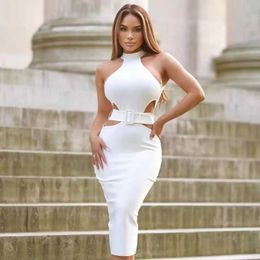 Summer White Halter Bodycon Bandage Club Dress Women Sexy Hollow Out Sleeveless Night Evening Party Vestidos 210527