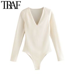 TRAF Women Fashion With Shoulder Pads Snap-button Bodysuit Vintage V Neck Long Sleeve Female Playsuits Chic Tops 210415