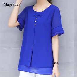 Summer Chiffon O-neck Short Sleeve Blouses and Tops Women Solid Bow Plus Size Flare Shirts Blusas 4832 210518