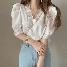 White Blouse Sweet Loose Clothes Lace Up Ruffled Women Blouses Fashion V-Neck Ladies Tops Vintage Shirts 210529