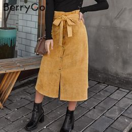 ladies sash belts Australia - BerryGo Vintage a-line corduroy skirt women Autumn winter harajuku female midi Elegant high waist sash belt ladies s 210513