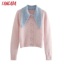 Women Pink Beading Buttons Knitted Cardigan Sweater Jumper Vintage Female Peter Pan Collar Outerwear 3H152 210416