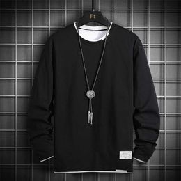 Single Road Mens T Shirt Autumn Oversized 100% Cotton Long Sleeve Tshirt Japanese Streetwear Vintage Black T-Shirt 220115