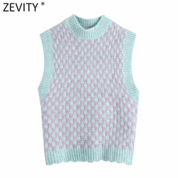 Women Contrast Houndstooth Plaid Short Knitting Vest Sweater Female Chic O Neck Sleeveless Pullovers Waistcoat Tops SW702 210420