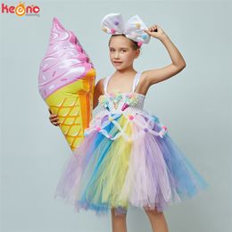 Candy Girls Kids Ice Cream Tutu Dress with Bows Children Birthday Cake Smash Photo Food Costume Girls Dance Pageant Gown Dress 210331