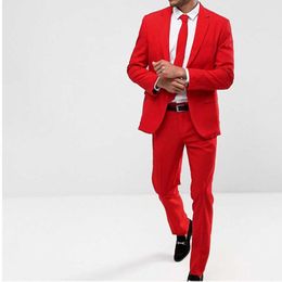 Slim fit Red Casual Men Suits for Prom 2 piece Wedding Tuxedo Custom Man Fashion Groomsmen Costume Jacket with Pants New X0909