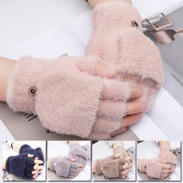 Mink Gloves Fingerless Flip Mittens Winter Warm Wool Touchscreen Gloves Flap Cover Men Knit Mitten Women Men Half Finger Gloves