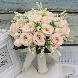 букет натуральных цветов для новобрачных Скидка Свадебные цветы Прибытие свадебные букеты искусственного натурального шампанского белый розовый зеленый роза ручной лентой ручной работы