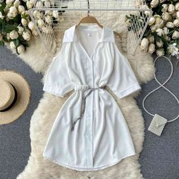 Women's Clothing Fashion Hollow Short Sleeve Slim Mini Shirts Dress White Black Harajuku Summer Vestidos S387 210527