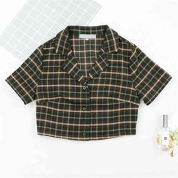 women Streetwear Turn Down blouse Fashion Centre Buttons crop top Tartan Cropped fitted Blouse harajuku ropa mujer 210520