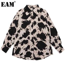 [EAM] Women Black Print Irregular Big Size Blouse Lapel Long Sleeve Loose Fit Shirt Fashion Spring Autumn 1DD6891 21512