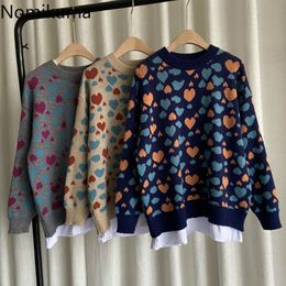 Nomikuma Love Pattern Vintage Sweaters O Neck Long Sleeve Casual Loose Pullover Jumpers Fake Two Pieces Korean Style Sueter 210514