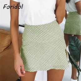 High Waist Side Slit Mini Skirts Womens Polka Dot Vintage Short Green Cotton Bottom Summer Boho A-line Skirt 210427