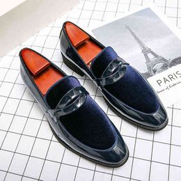 Dress Shoes New Men Luxury Blue Suede Loafers Shadow Patent Leather Wedding Italian Style 's Oxfords Big Size 220223