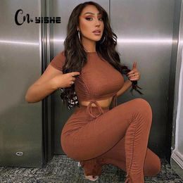 CNYISHE Summer Short Sleeve Skinny 2 piece Pants Sets Women Casual Fitness Two Piece Set Suits Female Tracksuit Sports Suit 210419