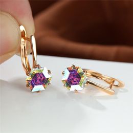 hexagon huggie earrings UK - Hoop & Huggie Dainty Multicolor Crystal Earrings Rainbow Zircon Hexagon Stone Antique Rose Gold Color Wedding For Women